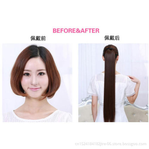 black straight drawstring ponytail hair piece, clip in long straight ponytail hair extension